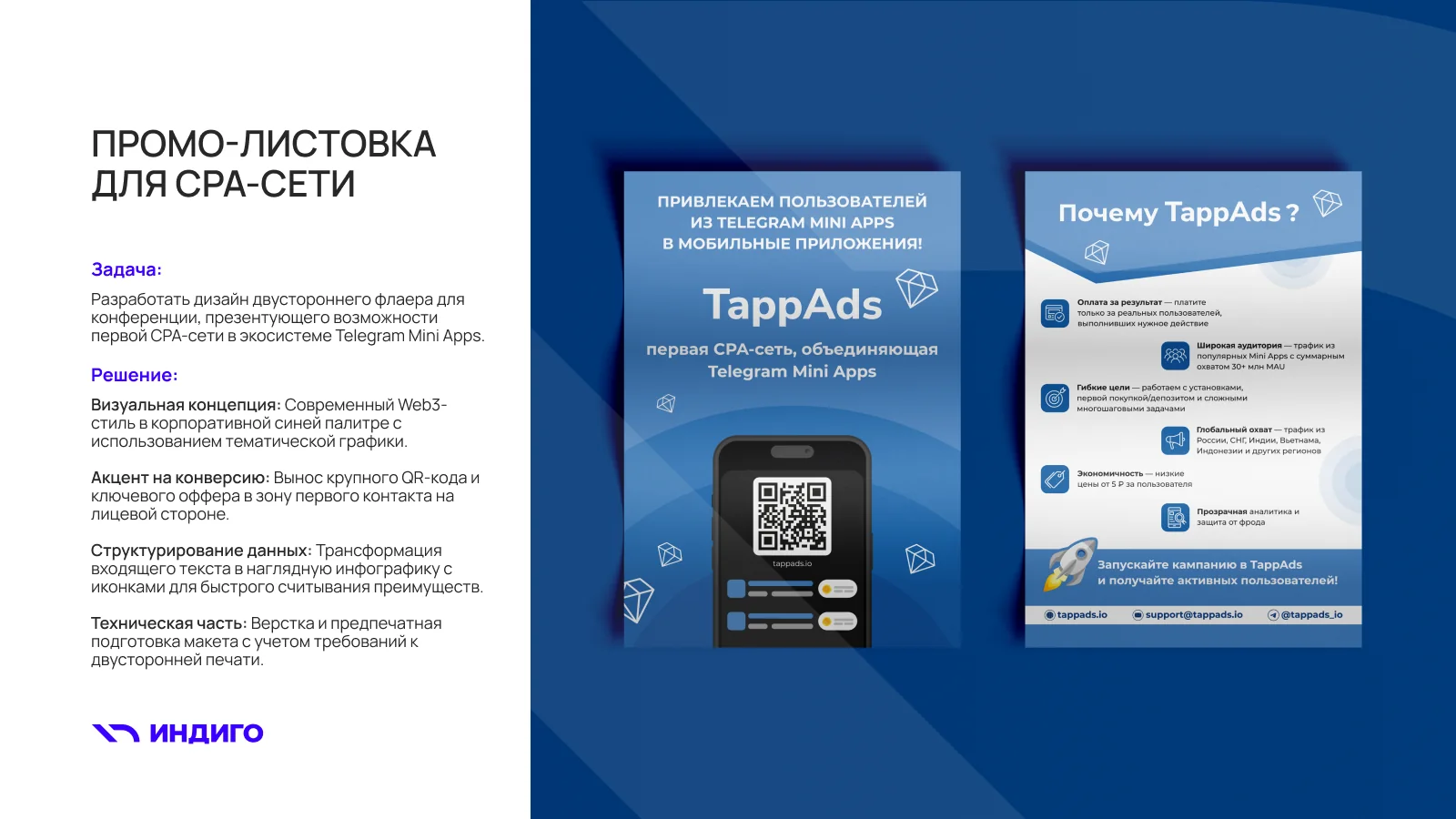 Кейс: двусторонняя промо-листовка для CPA-сети TappAds (Telegram Mini Apps) — дизайн типографии Индиго