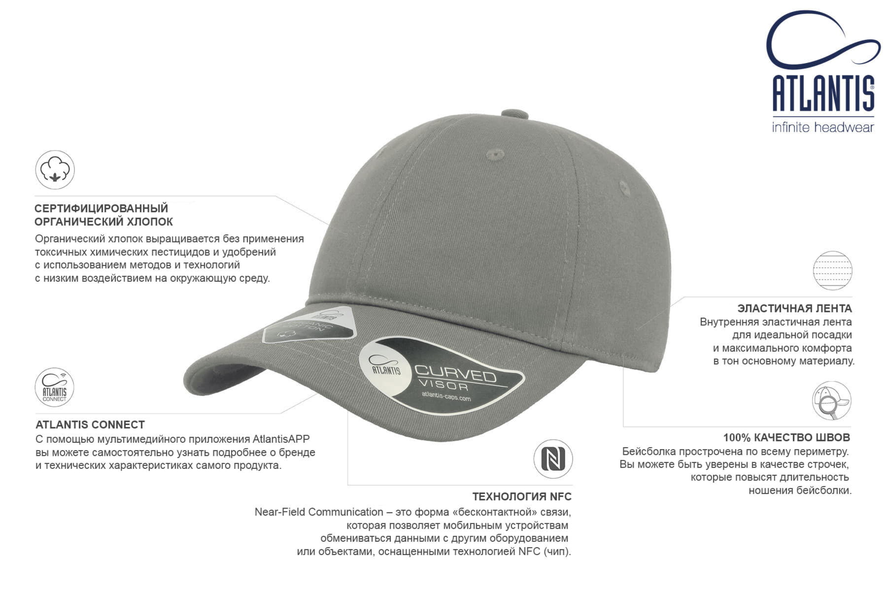 Бейсболка с NFC-меткой в козырьке GREEN CAP 265 из органического хлопка — фото 4