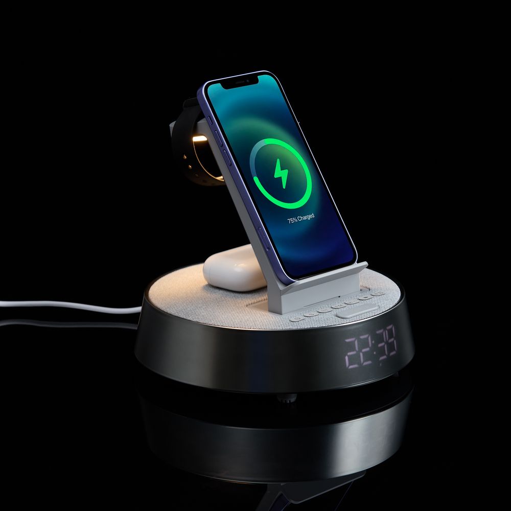 Bluetooth-колонка с беспроводной зарядкой и часами netEnergy, серая — фото 9