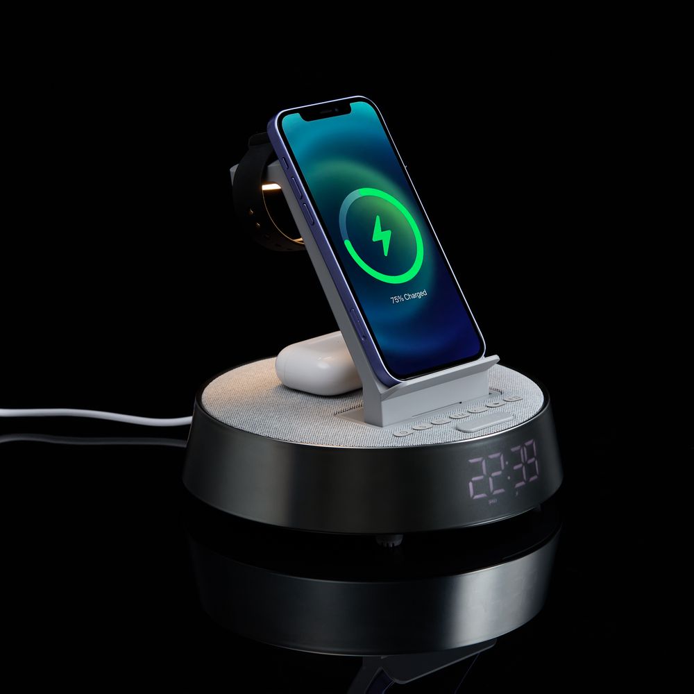 Bluetooth-колонка с беспроводной зарядкой и часами netEnergy, серая — фото 10