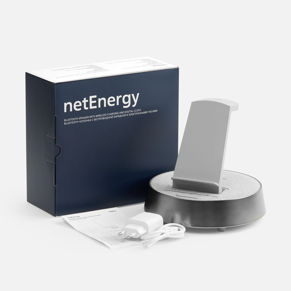 Bluetooth-колонка с беспроводной зарядкой и часами netEnergy, серая — фото 12