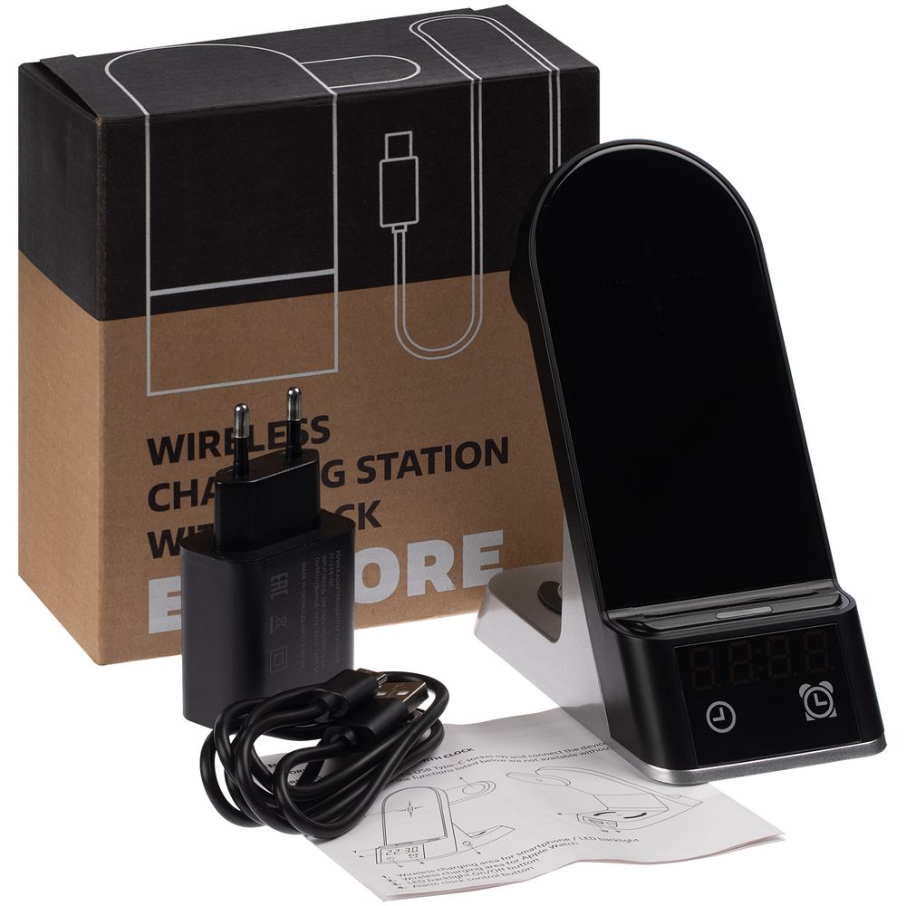 Зарядная станция с часами E-Store для смартфона, часов и наушников, черная — фото 9
