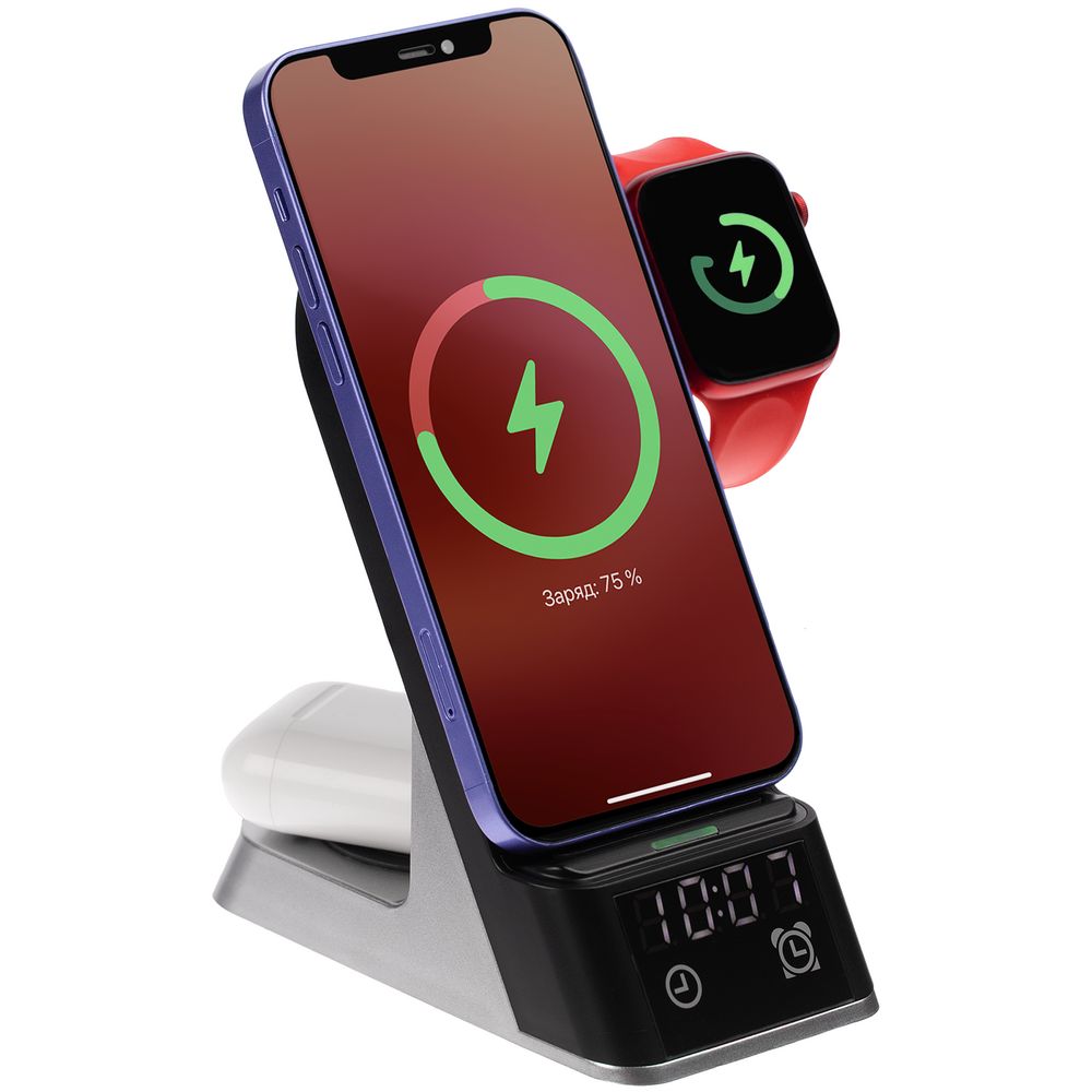 Зарядная станция с часами E-Store для смартфона, часов и наушников, черная — фото 11